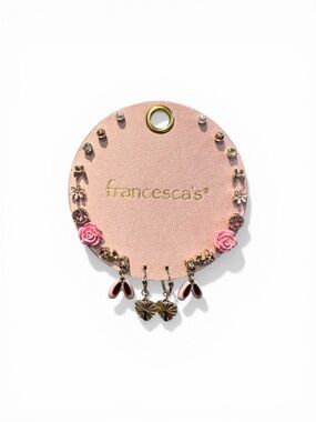 Francesca’s Pink Floral Stud & Dangle Earrings Set Gold Tone Cute Boho Bundle